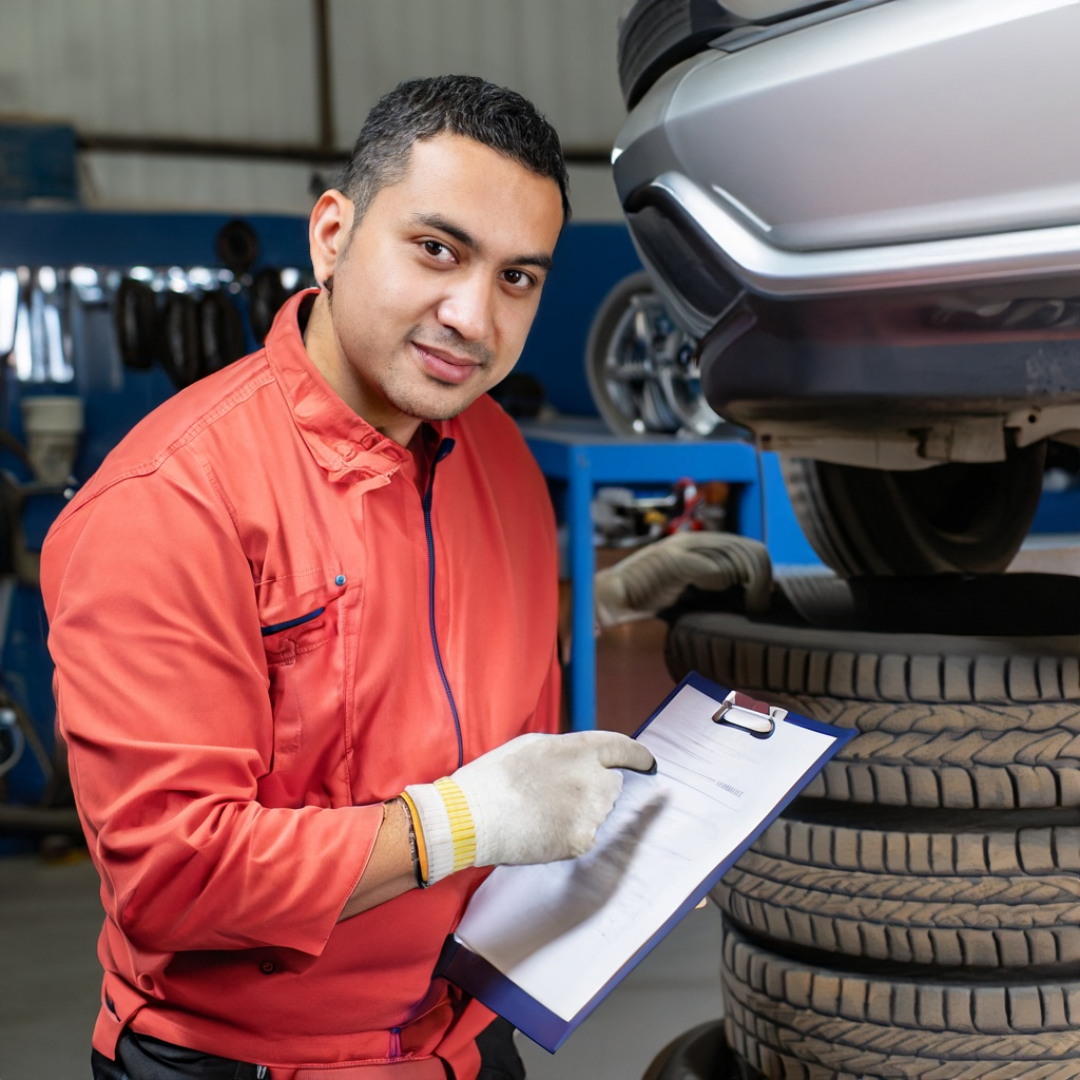 Mechanic checking a car's tyre pressure, oil level, and battery for a comprehensive Warrant of Fitness check