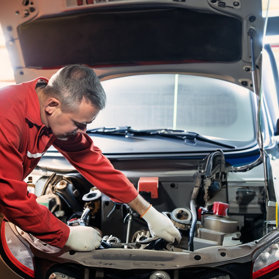 Mechanic conducting a full service inspection on a car for a thorough Warrant of Fitness check